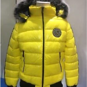 SWITCH REMARKABLE YELLOW PADDED NYLON JACKET WITH STONES AND LION'S HEAD
